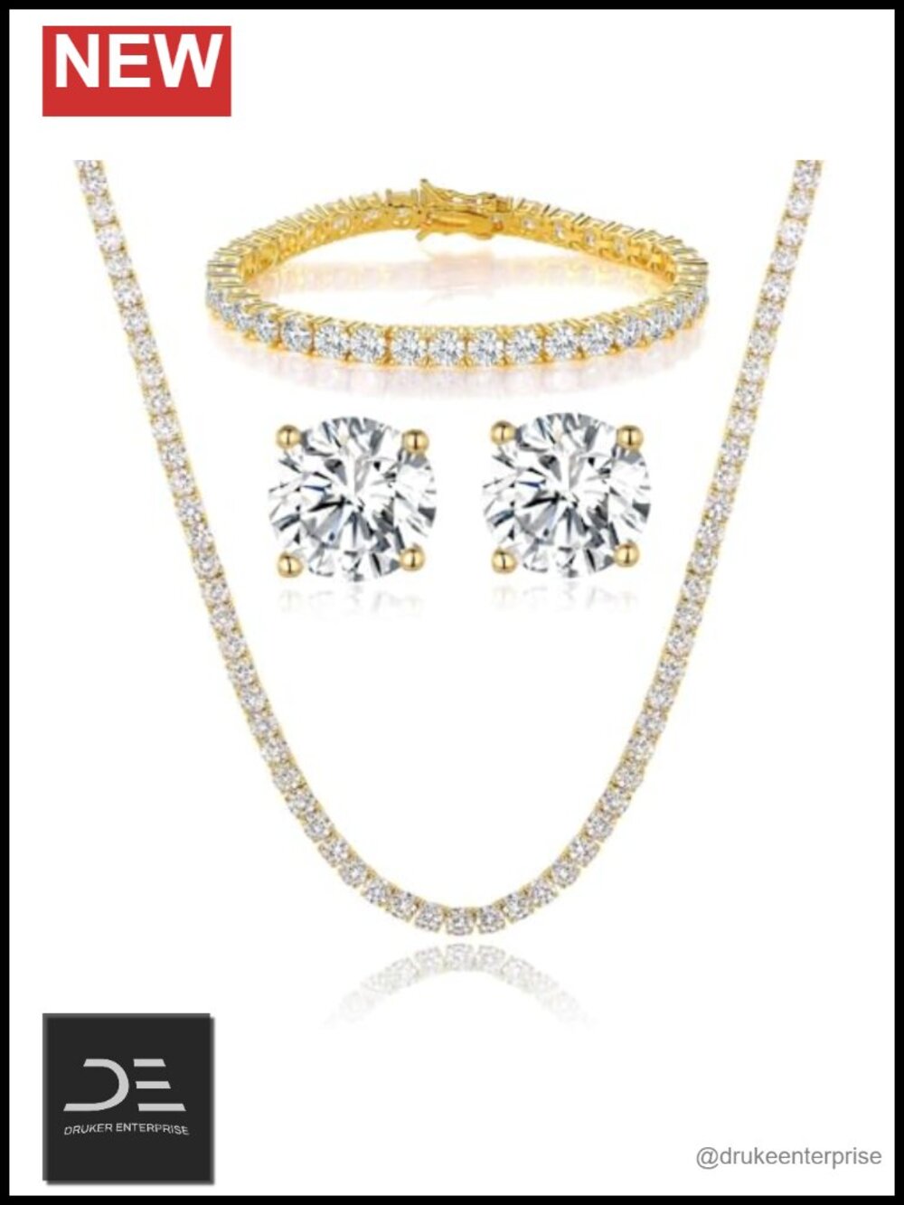 18K Gold Plated CZ Tennis Jewelry Set Necklace Bracelet Earrings